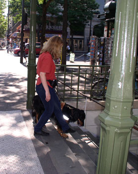 Patty indicates the first step of a stairway